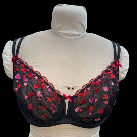 Cacique Unlined Balconette Bra 42DD Black Sheer Embroidered Hearts - Picture 2 of 12